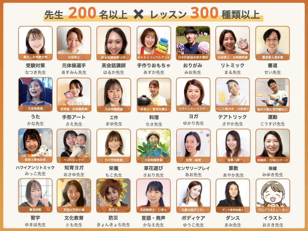 先生200名以上×レッスン300種類以上。受験対策・英会話・おりがみ・リトミック・書道・ヨガ・運動・算数・ダンスなど多彩な先生陣