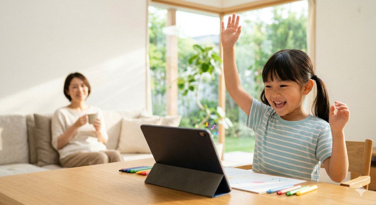 タブレットのレッスンで手を挙げて答える女の子と、後ろでくつろぐお母さん